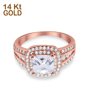 14K Rose Gold Halo Art Deco Wedding Ring Princess Cut Round Simulated CZ Size-7